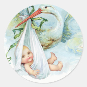 Blaue Vintage-Storch-Babyshower-Aufkleber Runder Aufkleber