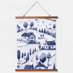Blaue Vintage-Toile - Bäume ländliche Architektur Wandteppich Mit Holzrahmen