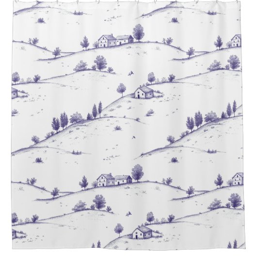 Blaue Vintage-Toile-Landschaft Duschvorhang (Vorderseite)