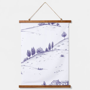 Blaue Vintage-Toile-Landschaft Wandteppich Mit Holzrahmen