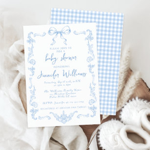 Blaue Vintage-Toile-Schleife Gingham-Baby-Jungen-P Einladung