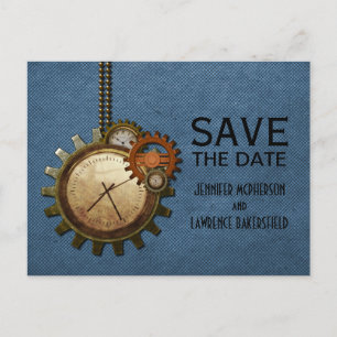 Blaue Vintage-Uhr Save-the-Date-Postkarte Ankündigungspostkarte