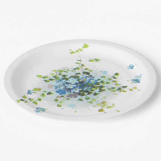 Blaue Vintage Vergissmeinnichte Pappteller (Schrägansicht)