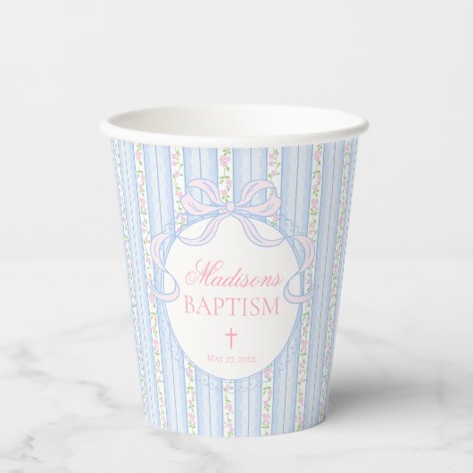 Blaue Vintage-verschlungene Blumen-Taufe Pappbecher (Vorderseite)