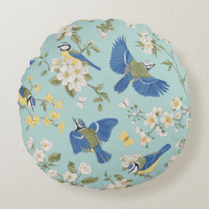 Blaue Vintage Vögel und Blume Rundes Kissen