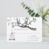 Blaue Vintage Vögel und Geburtstage RSVP Karte (Stehend Vorderseite)