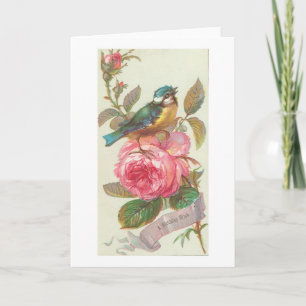 Blaue Vintage-Vogel- und rosa Blumen-Geburtstag Karte