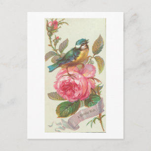 Blaue Vintage-Vogel- und rosa Blumen-Geburtstag Postkarte