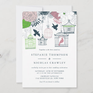 Blaue Vintage-Vogelkäfige Florale Hochzeitseinladu Einladung