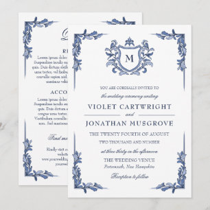 Blaue Vintage-Wappen-Monogramm-Hochzeit 2 in 1 Det Einladung