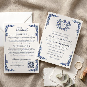 Blaue Vintage-Wappen-Monogramm-Hochzeit 2 in 1 Det Einladung