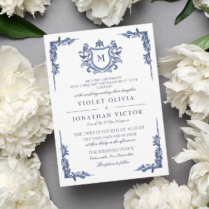 Blaue Vintage-Wappen-Monogramm-Hochzeit Einladung