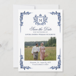 Blaue Vintage-Wappen-Monogramm-Hochzeit Save The Date