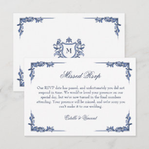 Blaue Vintage-Wappen-Monogramm-Höfliche verpasste  RSVP Karte