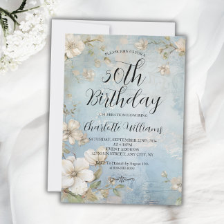 Blaue Vintage Wasserfarben Blütenfrauen 50. Geburt Einladung