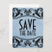 Blaue Vintage Wirbel Save the Date Postkarte (Vorne/Hinten)