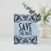 Blaue Vintage Wirbel Save the Date Postkarte (Stehend Vorderseite)