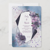 Blaue violette florale Moderne geometrische Rahmen Einladung (Vorderseite)