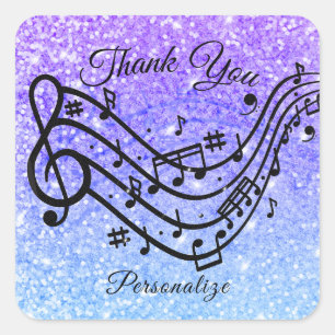 Blaue Violette Glitter-Musik Dankeschön Personalis Quadratischer Aufkleber