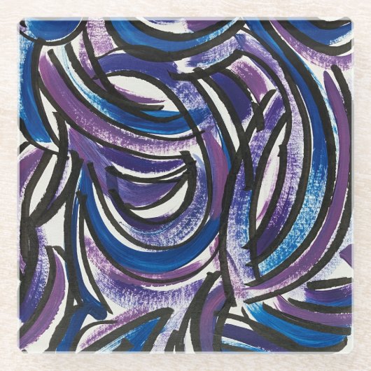 Blaue violette Pinselstriche - handgemalte Abstrak Glasuntersetzer (Vorderseite)