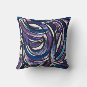 Blaue violette Pinselstriche - handgemalte Abstrak Kissen
