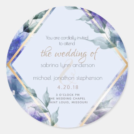 Blaue Violette Translucent Floral Runder Aufkleber (Vorderseite)