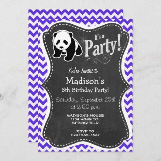 Blaue Violette Zickzack; Panda Einladung (Vorne/Hinten)