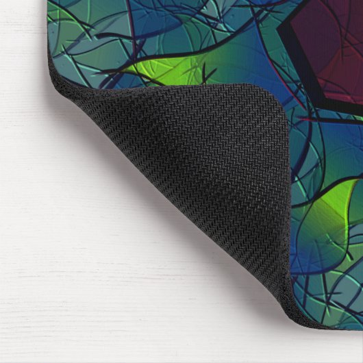 Blaue, virtuelle Blütenblätter, Blätter und rote H Mousepad (Ecke)