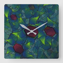 Blaue, virtuelle Blütenblätter, Blätter und rote H Quadratische Wanduhr