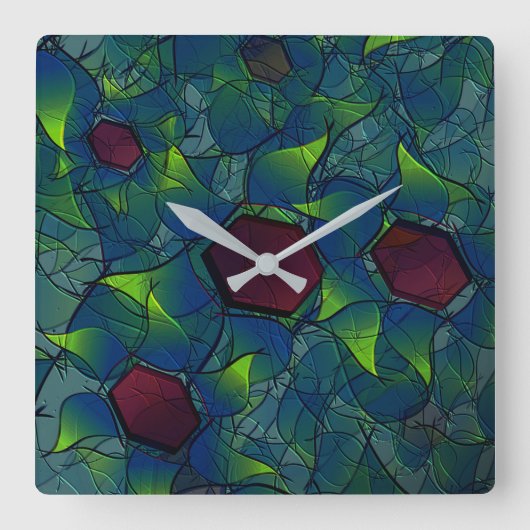 Blaue, virtuelle Blütenblätter, Blätter und rote H Quadratische Wanduhr (Vorderseite)