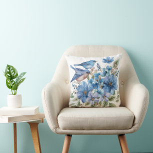 Blaue Vögel Aquarell-Blumen Botanik Kissen
