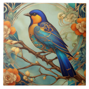 Blaue Vogel Art Nouveau Art Deco Orange und Minze Fliese