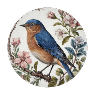 Blaue Vogel auf blühenden Blumen Schneidebrett