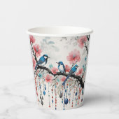 Blaue Vögel auf den Zweigen des Kirschblossoms Pappbecher (Rückseite)