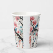 Blaue Vögel auf den Zweigen des Kirschblossoms Pappbecher (Links)