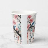 Blaue Vögel auf den Zweigen des Kirschblossoms Pappbecher (Rechts)