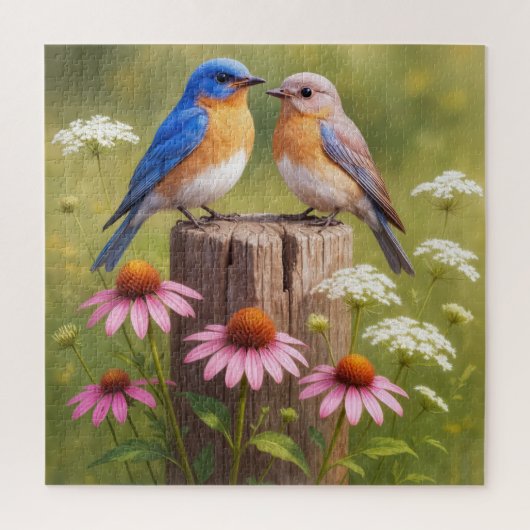 Blaue Vögel auf einem Zaunpfosten Puzzle (Vertikal)