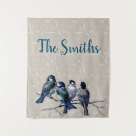 Blaue Vögel auf einer Zweigstelle Wandteppich