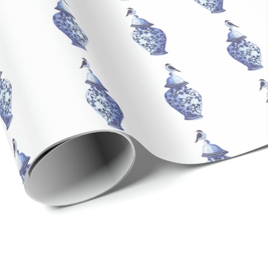 Blaue Vögel auf Ingwertopf-Wrap-Papier Geschenkpapier (Rolleneckpunkt)