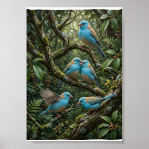 Blaue Vögel auf üppigen Waldbaum Botanische Tierwe Poster