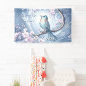 Blaue Vogel-Blumen-Baby-Party Banner (Insitu)