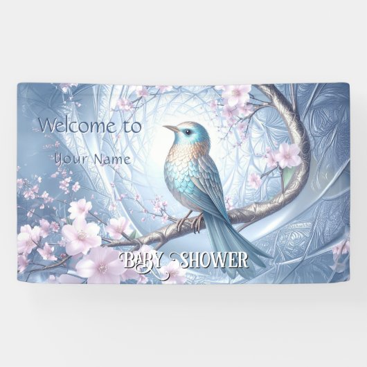Blaue Vogel-Blumen-Baby-Party Banner (Horizontal)