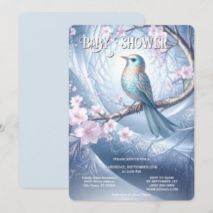 Blaue Vogel-Blumen-Einladung zur Babyparty Einladung