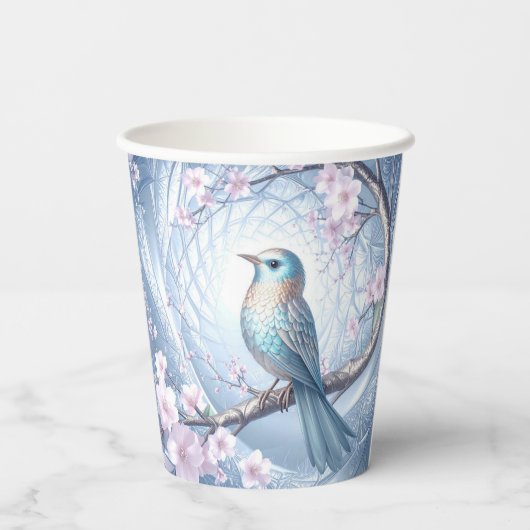 Blaue Vogel-Blumen-Papierbecher Pappbecher (Rückseite)