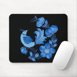 Blaue Vogel- & Blumen-Volks kunst-Mauspad auf Schw Mousepad