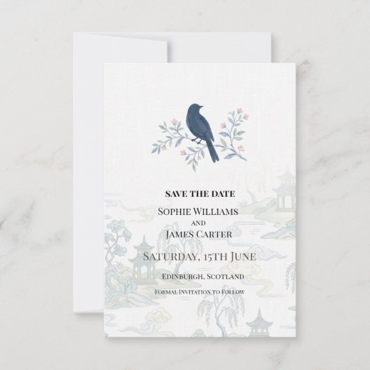 Blaue Vogel Blumenhochzeit Save The Date (Vorderseite)