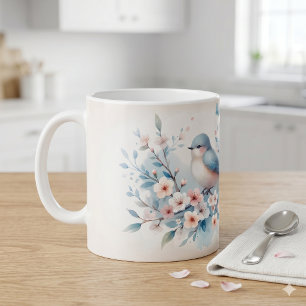 Blaue Vogel Blüten-Aquarell Gelassenheit Kaffeetasse