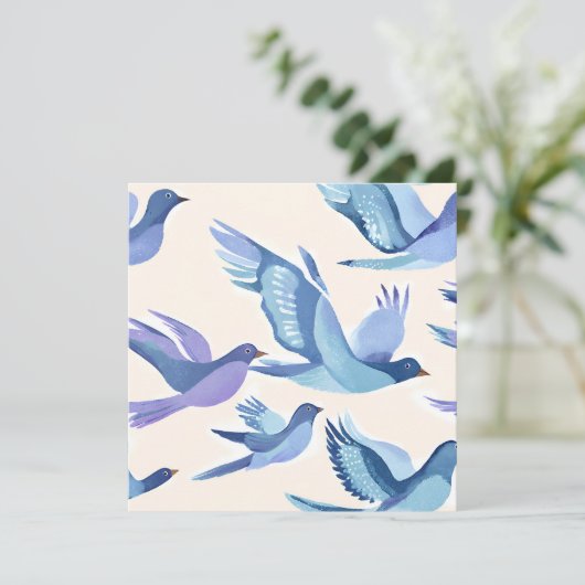 Blaue Vögel fliegen | Moderne Aquarellkarte (Stehend Vorderseite)