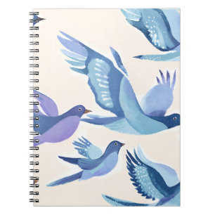 Blaue Vögel fliegen   Moderne Aquarellmalerei Notizblock