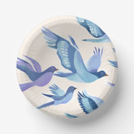Blaue Vögel fliegen | Moderne Aquarellmalerei Pappteller